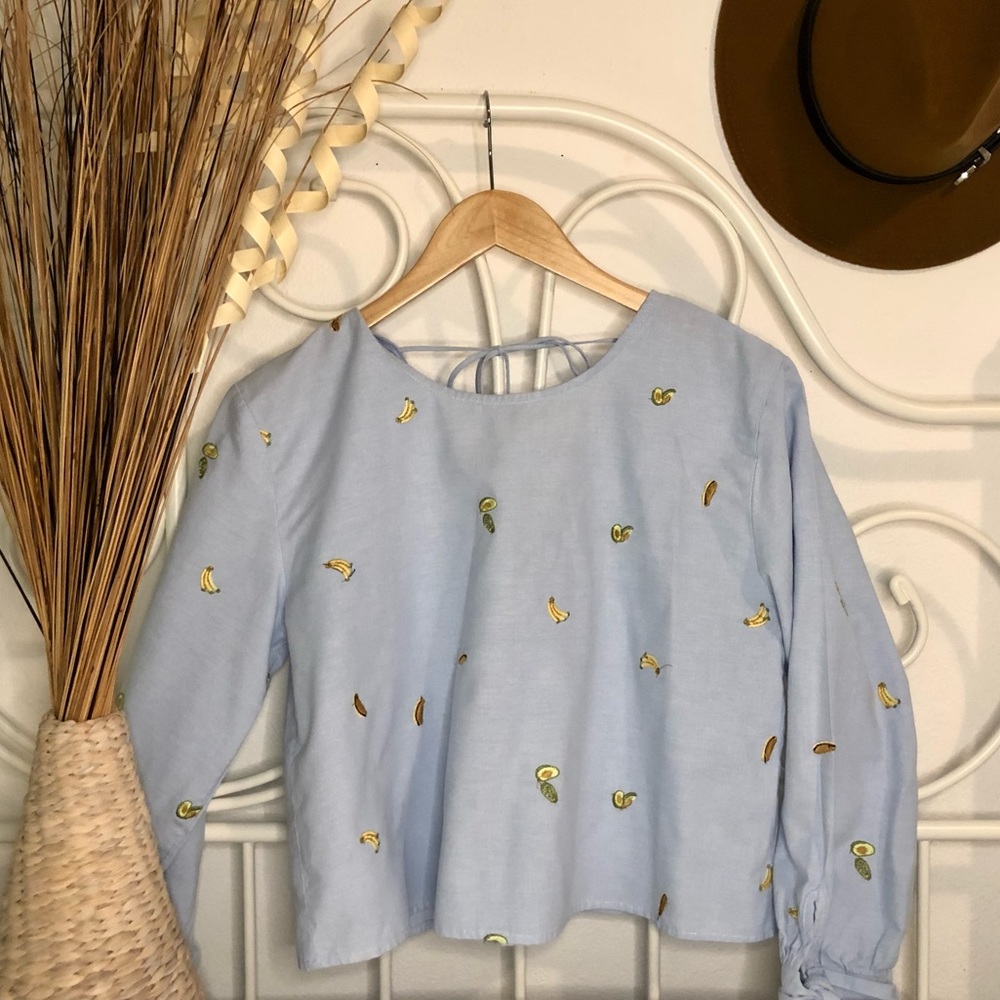 Rebellion by Zara Top Blue Denim Chambray Embroidered Top